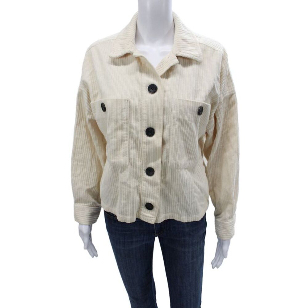 Zara Women Basic Jacket Ivory Cotton Button Collar Long Sleeve Size S